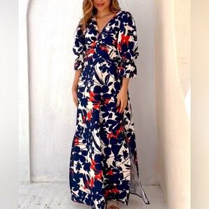 Floral Maxi Dress with Red and Blue Pattern